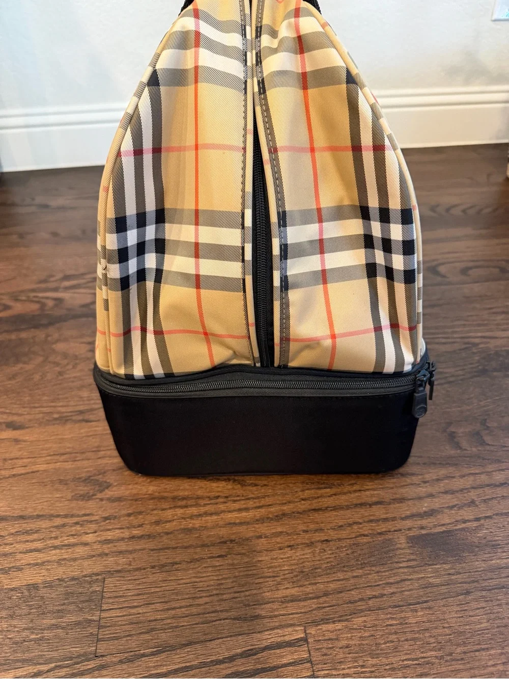 Burberry Beige Plaid Duffel with Black Base and Straps